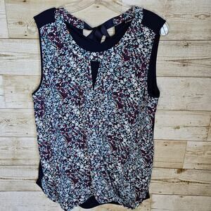 Surplice Blouse Size Large Floral Bow Lined Sleeveless Office Lightweight Navy